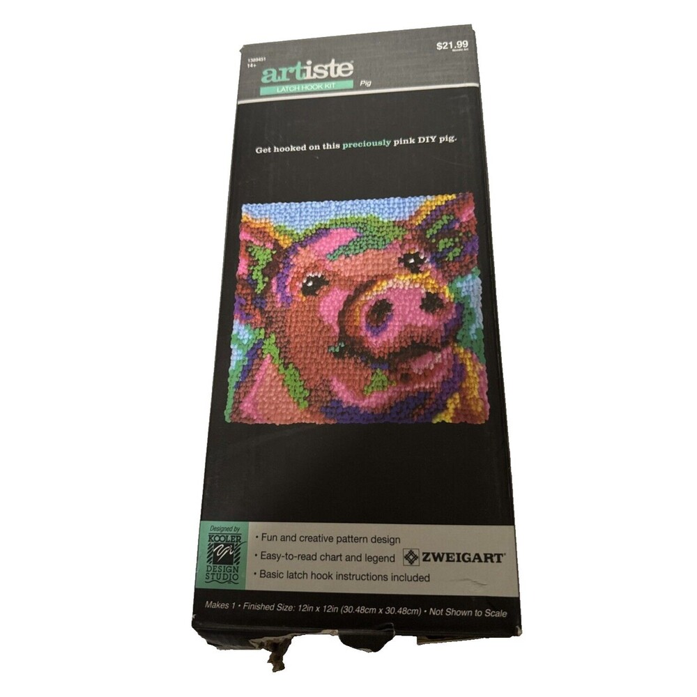 VTG Artiste Latch Hook Kit 12"x12" Colorful Pig Pattern Zweigart Cottage-core